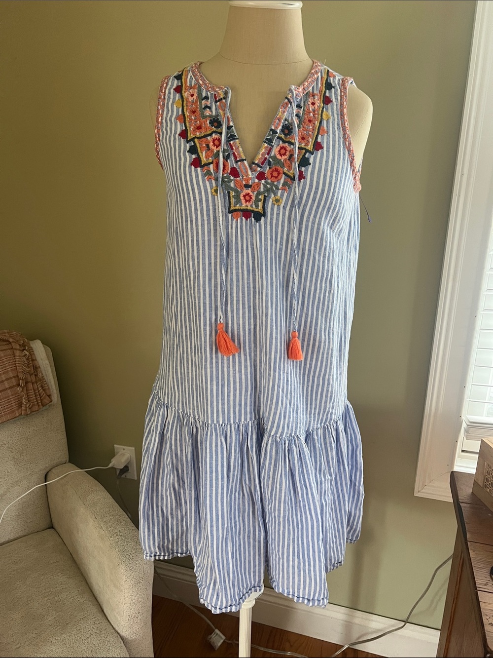 beachlunchlounge Blue & White Striped Embroidered Tassel Strapless Boho dress xs